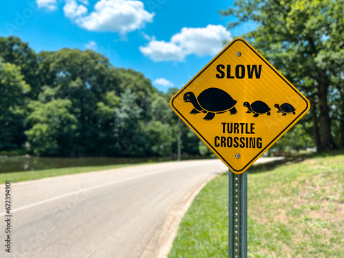 Yellow warning sign, "Slow Turtle Crossing" warning motorists to slow down as turtles may be crossing the road up ahead.