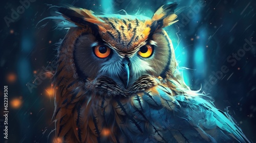 Beautiful owl in the forest. Fantasy illustration or photography