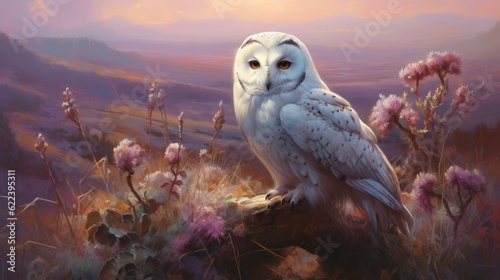 White owl on the meadow with pink flowers. Digital painting