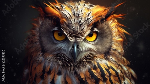 Beautiful owl with orange eyes on a dark background. 3d rendering © Ali