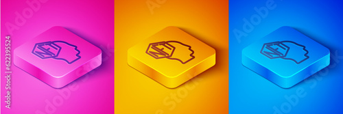 Isometric line NFT Digital crypto art icon isolated on pink and orange, blue background. Non fungible token. Square button. Vector