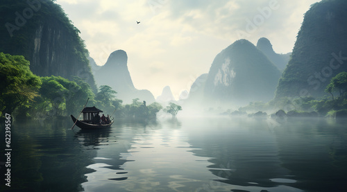 guilin over the sunrise with boat on the river