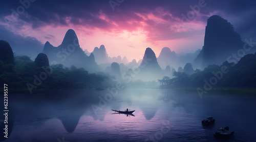 Foto guilin over the sunsets with boat on the river