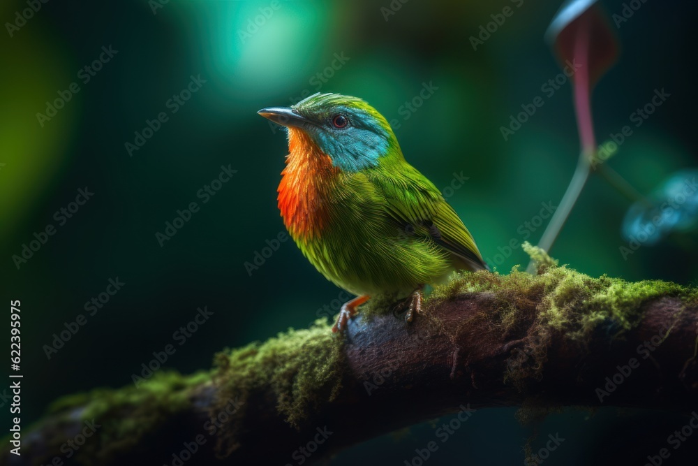 Obraz premium nice little multicolored bird in forest close-up view, ai tools generated image