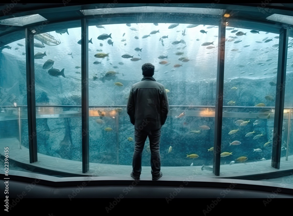 Man watching underwater world through round window in aquarium Created with Generative AI technology.