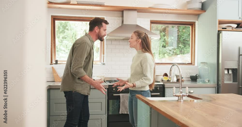 Couple, fight and angry in home for problem, breakup and toxic marriage in kitchen. Divorce, argument and frustrated man shouting at woman for cheating, drama and conflict for affair, mad and mistake