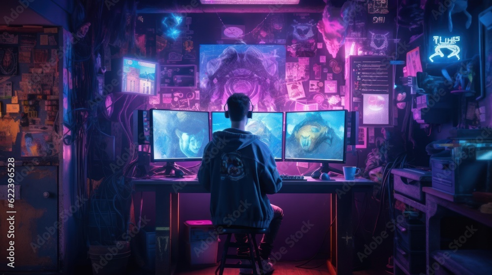 boy playing computer games in a cyber-punk style room, ai tools generated image