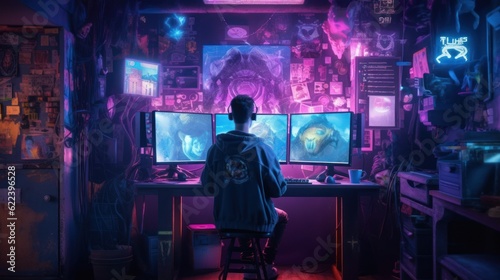 boy playing computer games in a cyber-punk style room, ai tools generated image