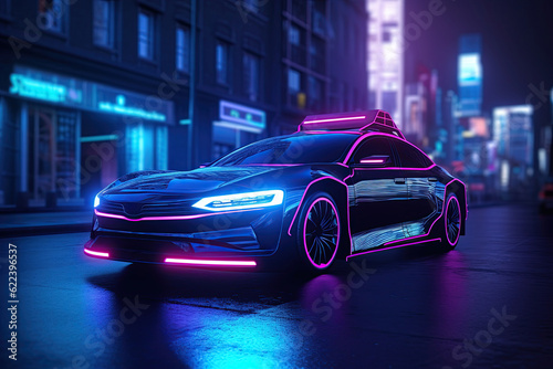 Futuristic carwith neon lights at night in city. Ai Generative