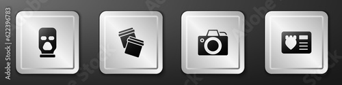 Set Balaclava, Plastic bag with ziplock, Photo camera and Police badge id case icon. Silver square button. Vector