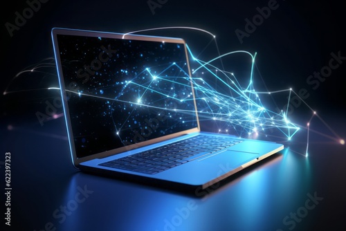 laptop on blue connection, Digital Frontier: CGI Image of a Laptop Networking with the Cloud, Creating Connections in a Space of Light Blue and Blue