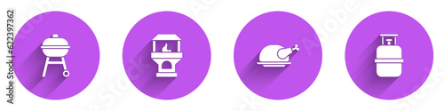 Set Barbecue grill, Brick stove, Roasted turkey or chicken and Propane gas tank icon with long shadow. Vector