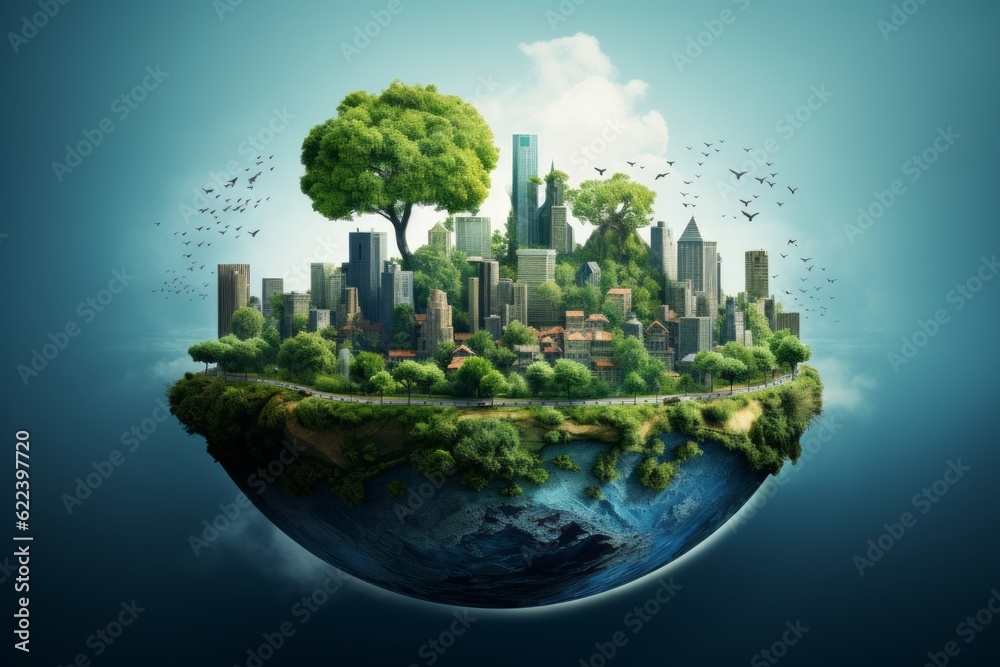 Abstract city in a sphere with buildings and trees as a symbol environmentalism.