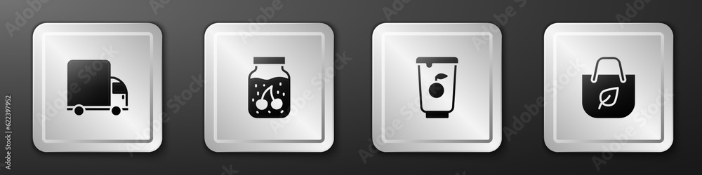 Set Delivery cargo truck, Jam jar, Yogurt container and Shopping bag with recycle icon. Silver square button. Vector Set Delivery cargo truck, Jam jar, Yogurt container and Shopping bag with recycle icon. Silver square button. Vector