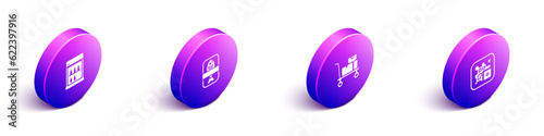 Set Isometric Commercial refrigerator, Fish plastic tray container, Hand truck and boxes and QR code icon. Vector