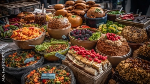 Vibrant Market Delights: Fresh and Tasty Food, Buffet, Fruit, Salad, Delicious Cuisine, Sweet Treats, Healthy Options, and more!, generative AIAI Generated