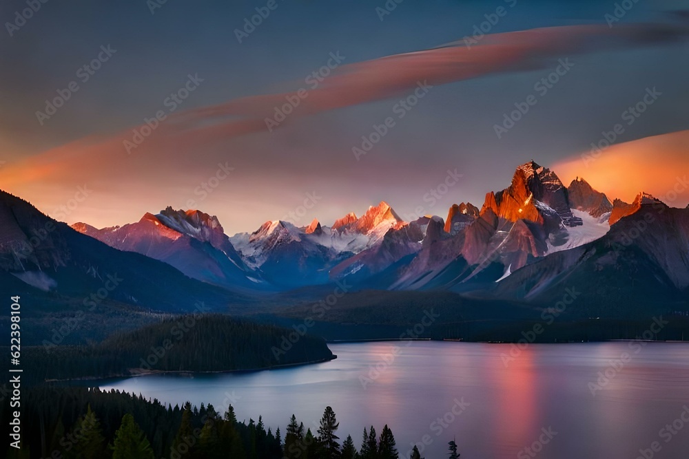 sun sets behind the majestic mountains,