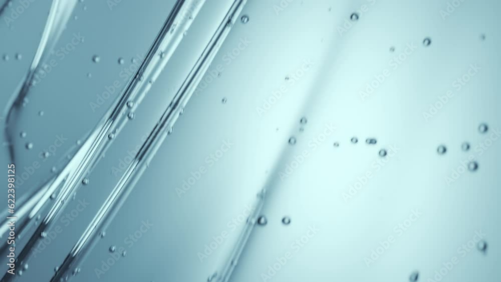 Glycerin gel flow texture. Blue serum toner. Liquid gel moisturizer with bubbles macro. Clear cosmetic cream or face serum. Abstract background for cosmetics commercial product