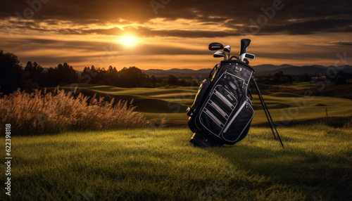 golf bag in the golf course at the sunset