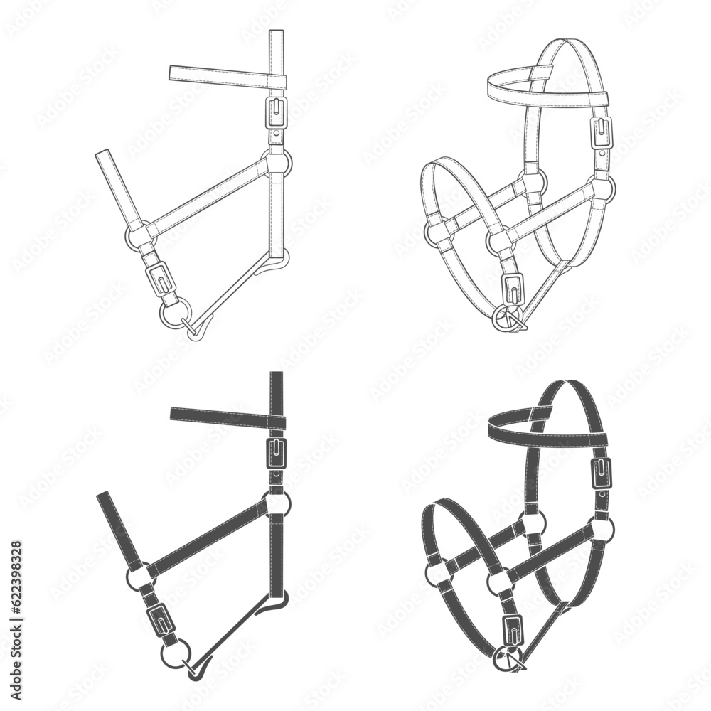 Set of black and white illustrations with halter, headstall, bridle. Isolated vector objects on white background. Set of black and white illustrations with halter, headstall, bridle. Isolated vector objects on white background.