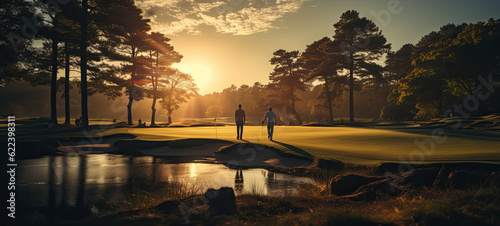 the sun casting a golden glow across the golf course