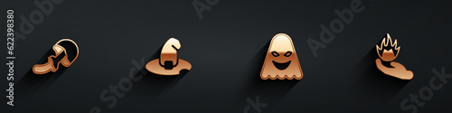 Set Psilocybin mushroom, Witch hat, Ghost and Hand holding fire icon with long shadow. Vector