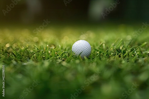 selective focus. white golf ball near hole on green grass good for background