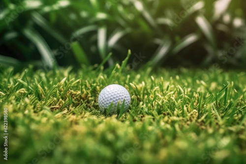 selective focus. white golf ball near hole on green grass good for background