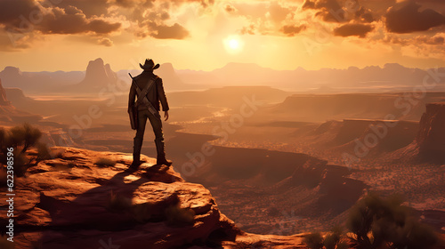 Lone cowboy  standing atop a rocky cliff overlooking a vast  arid desert  the setting sun casting. Wild west. Generative ai.
