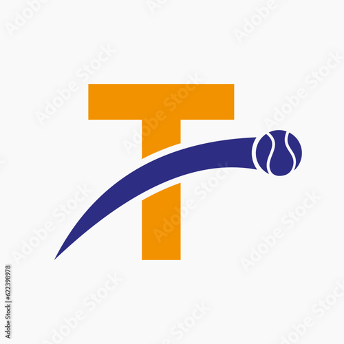 Tennis Logo On Letter T With Moving Tennis Ball Icon. Tennis Logo Template