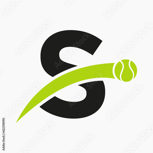 Tennis Logo On Letter S With Moving Tennis Ball Icon. Tennis Logo Template