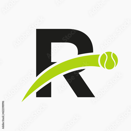 Tennis Logo On Letter R With Moving Tennis Ball Icon. Tennis Logo Template