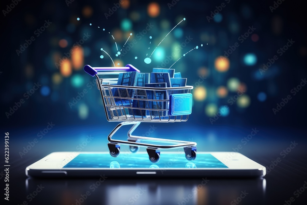 Shopping cart full of boxes on mobile phone and tablet screen and colorful lights in the background, Generative AI
