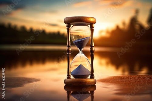 Hourglass on the shore of lake with blurred landscape in the background, concept of patience and the importance of waiting for the right moment, Generative AI photo