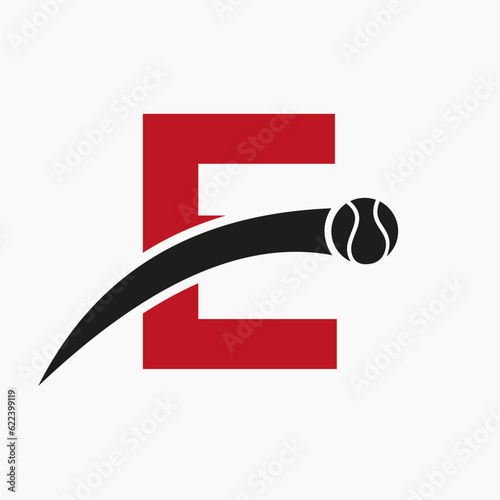 Tennis Logo On Letter E With Moving Tennis Ball Icon. Tennis Logo Template