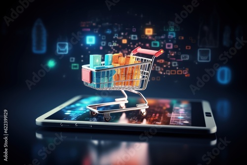 Shopping cart full of boxes on mobile phone and tablet screen and colorful lights in the background, Generative AI 