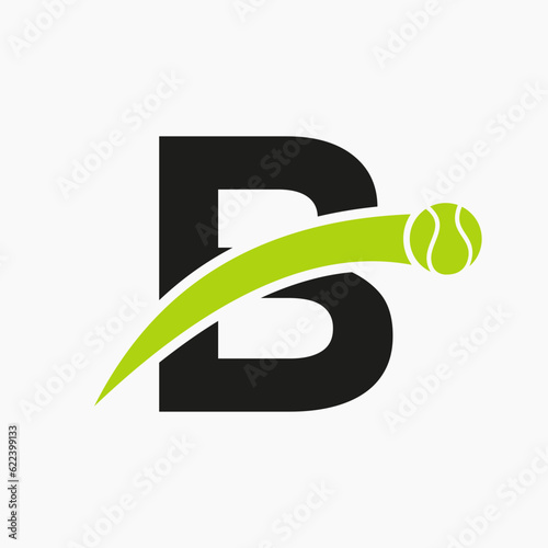 Tennis Logo On Letter B With Moving Tennis Ball Icon. Tennis Logo Template
