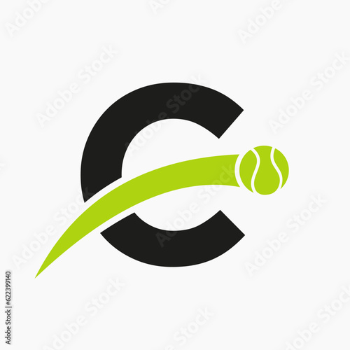 Tennis Logo On Letter C With Moving Tennis Ball Icon. Tennis Logo Template