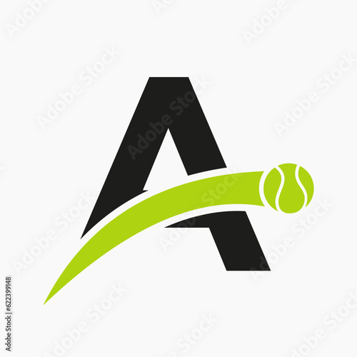 Tennis Logo On Letter A With Moving Tennis Ball Icon. Tennis Logo Template