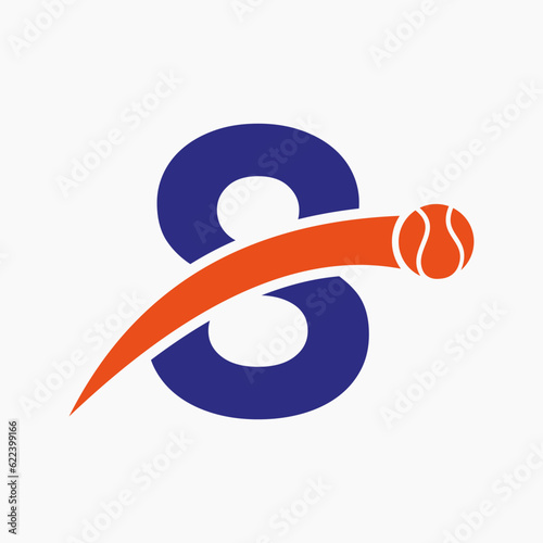 Tennis Logo On Letter 8 With Moving Tennis Ball Icon. Tennis Logo Template