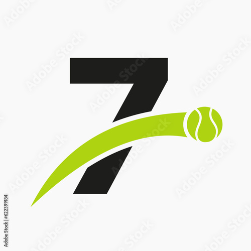 Tennis Logo On Letter 7 With Moving Tennis Ball Icon. Tennis Logo Template
