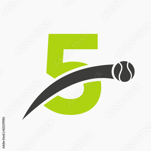 Tennis Logo On Letter 5 With Moving Tennis Ball Icon. Tennis Logo Template