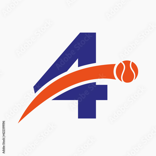 Tennis Logo On Letter 4 With Moving Tennis Ball Icon. Tennis Logo Template