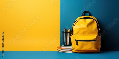 Yellow backpack with books and pencil holder on blue and yellow background with copy space, Generative AI