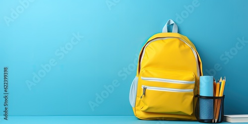 Yellow school bag and pencil holder on blue background with copy space, Generative AI