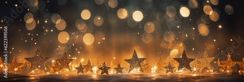 Christmas golden stars on glittering background in bokeh style, Generative AI
