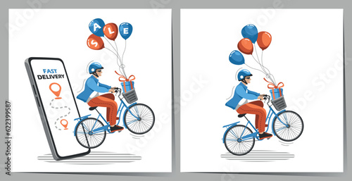 Delivery Man on Blue Bicycle. Cartoon character. Vector illustration