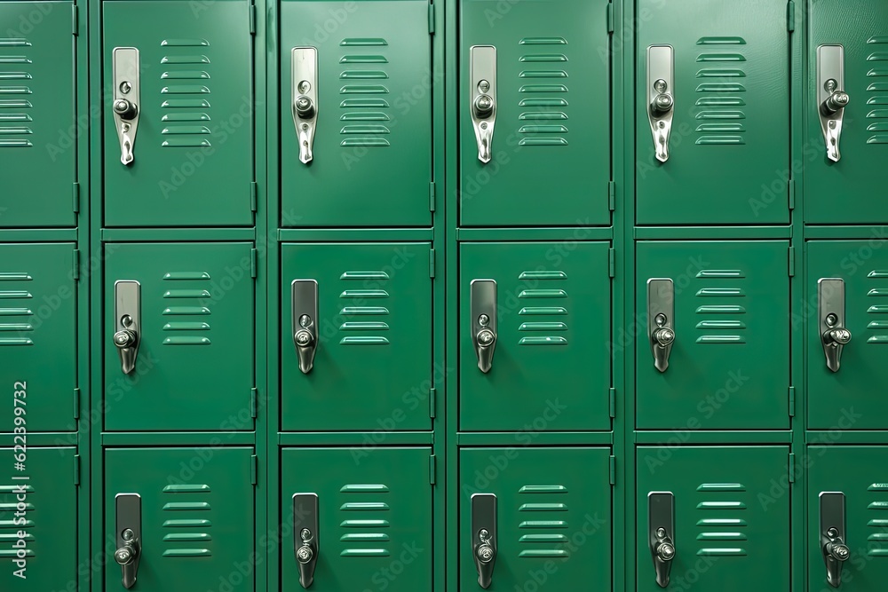 Green school lockers. Student lockers in the style of American schools, Generative AI
