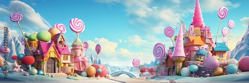 Candy world, fantasy land made of candy with castle and colorful lollipops, Generative AI photo