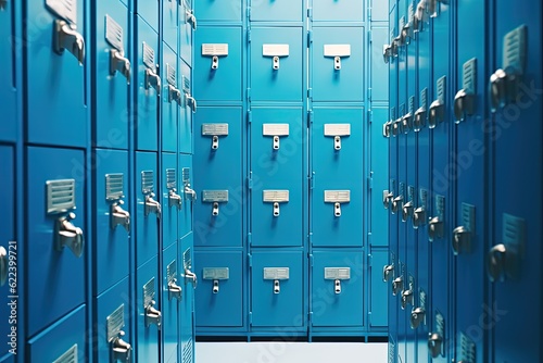 Blue school lockers. Student lockers in the style of American schools, Generative AI